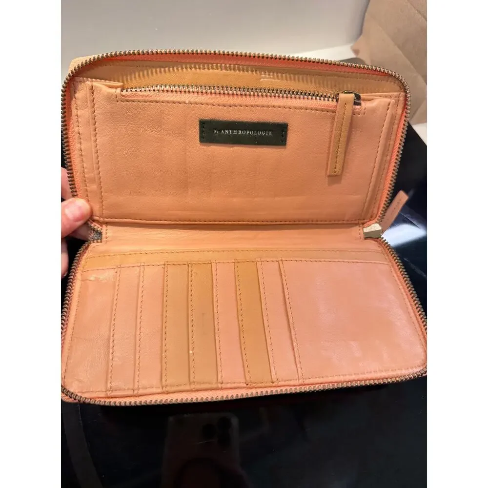 Anthropologie Leather Leopard Print Zip Around Continental Wallet Tan Brown